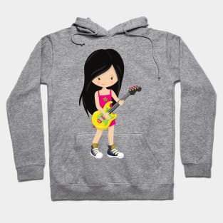 Rock Girl, Black Hair, Band, Music, Guitar Player Hoodie